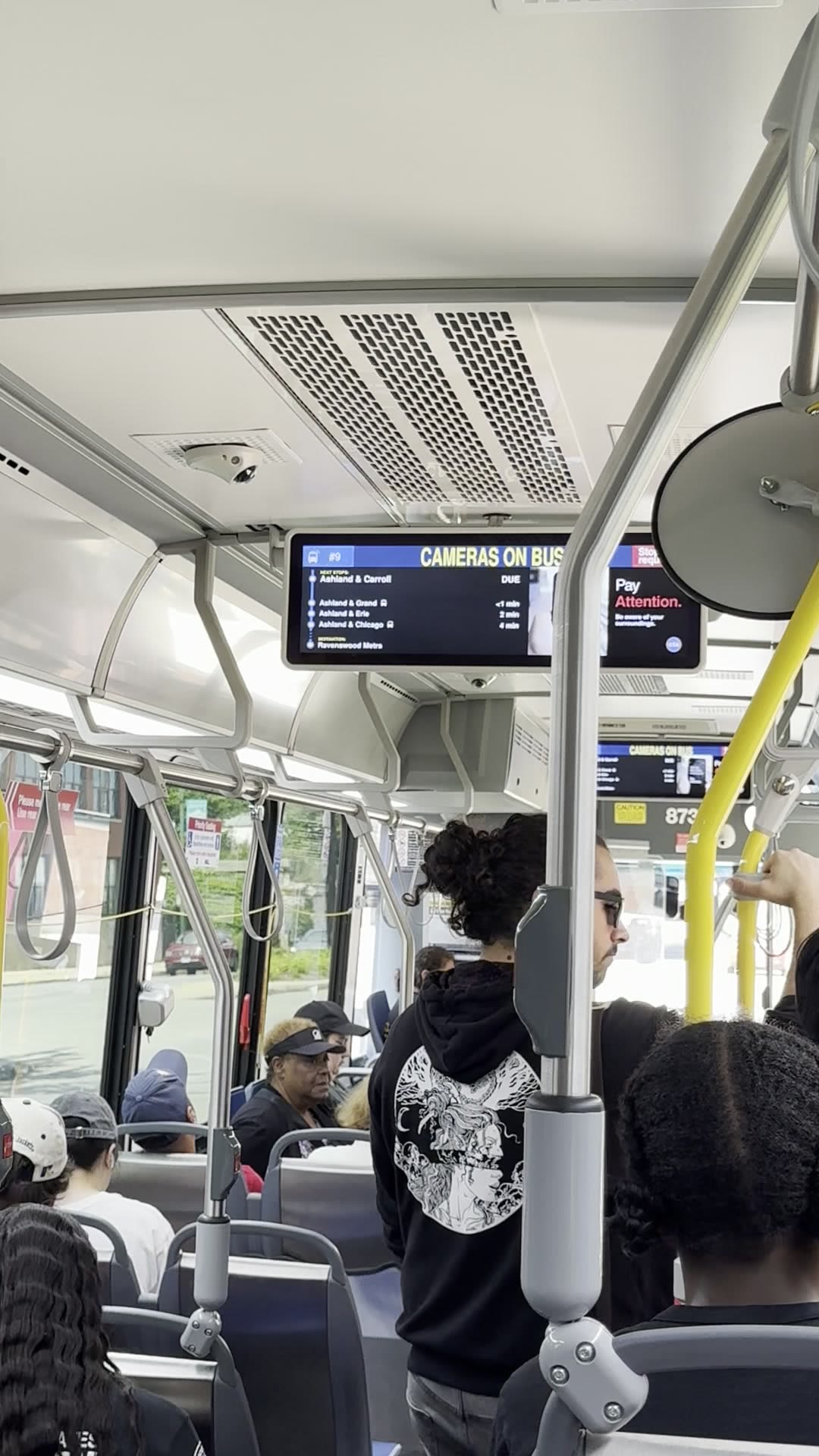 Inside a Chicago bus heading to Wrigleyville