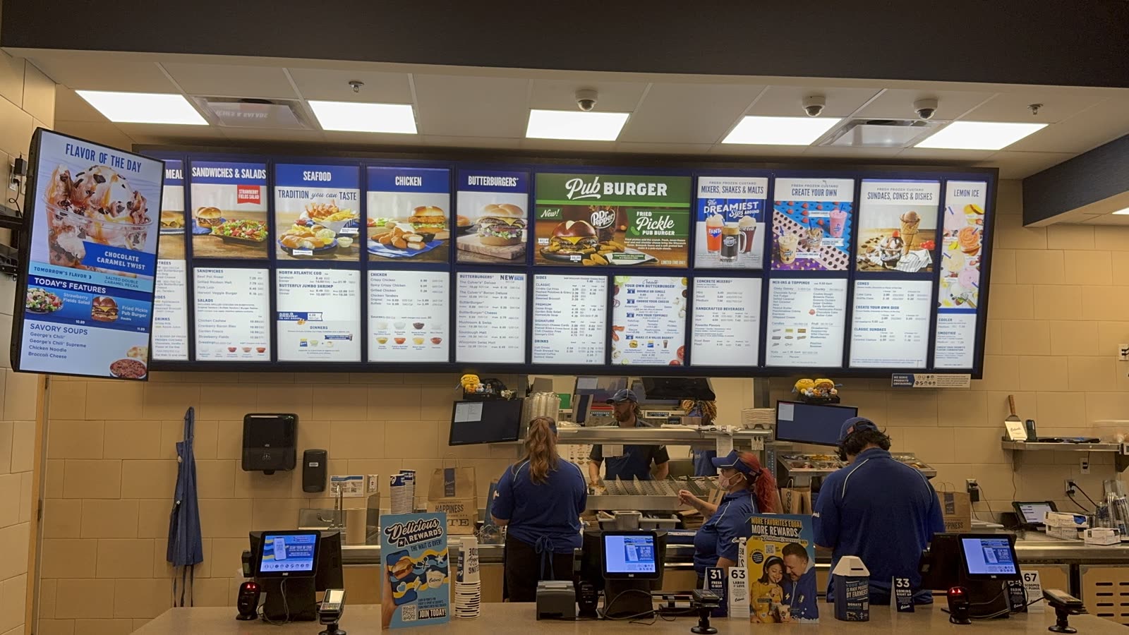 Culver's menu board with ButterBurgers, Pub Burger, and frozen custard