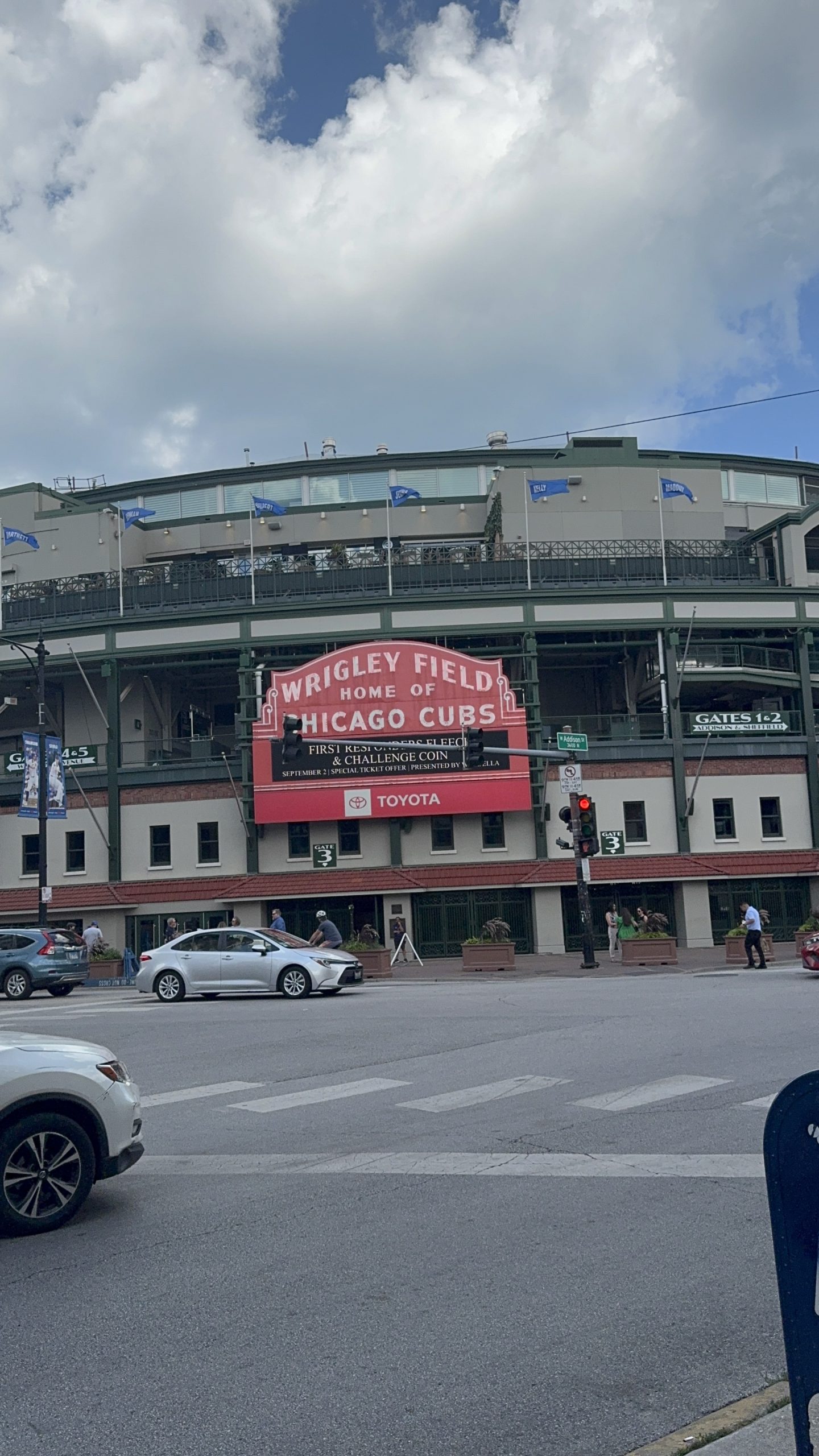 Wrigley Field, home of the Chicago Cubs, visible across the street
